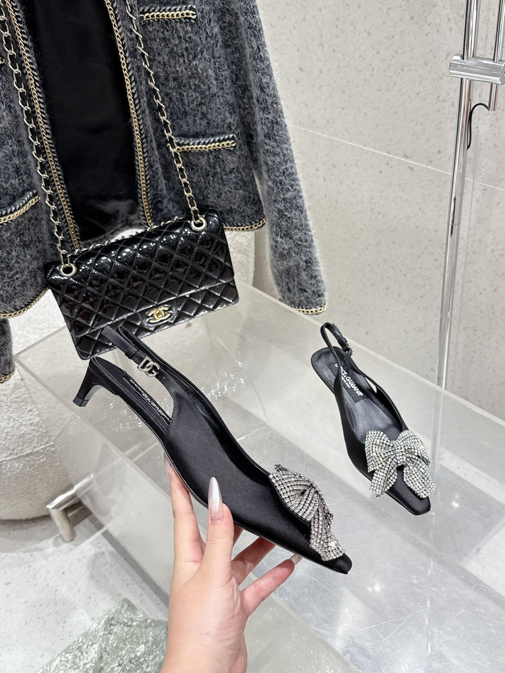 DC 25 Rhinestone Bow Slingback Pumps 40mm Black Silk & Sheepskin 359513