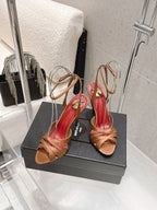 YSL Chandelle Sandals 10.5 Brown Red Satin 610695