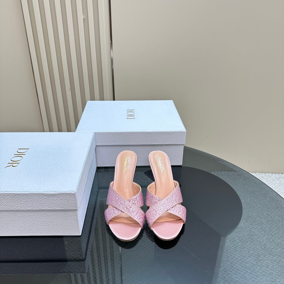 CD Tribales Heeled Slide 80mm Light Pink Lambskin And Studded With Stones