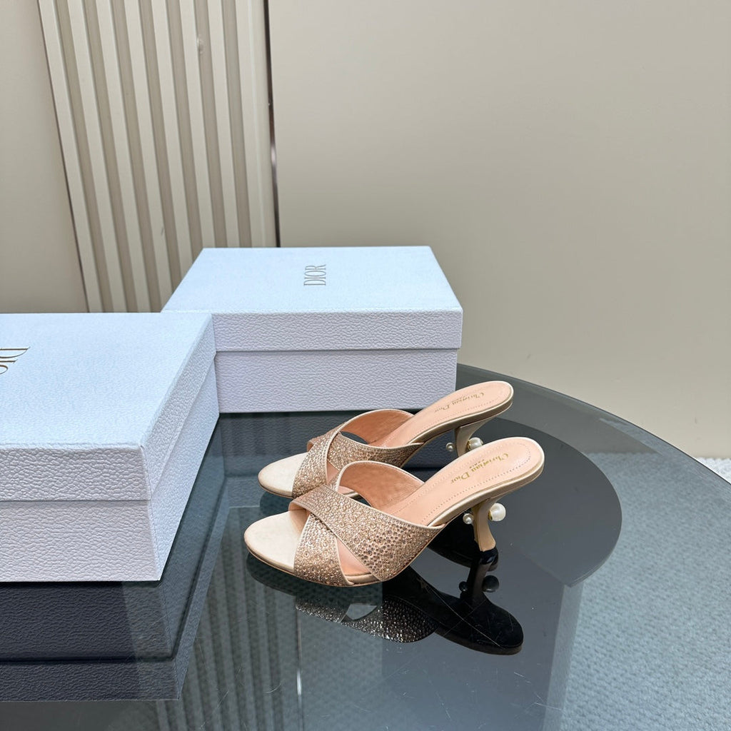 CD Tribales Heeled Slide 80mm Beige Lambskin And Studded With Stones