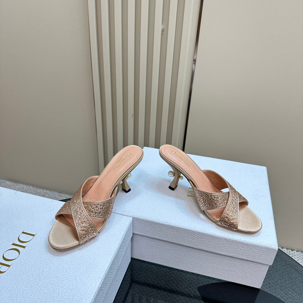CD Tribales Heeled Slide 80mm Beige Lambskin And Studded With Stones