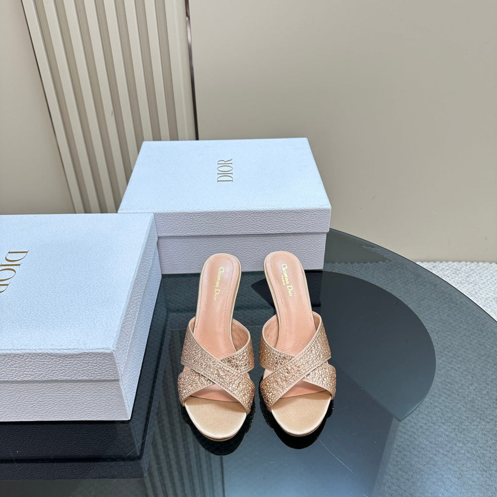 CD Tribales Heeled Slide 80mm Beige Lambskin And Studded With Stones