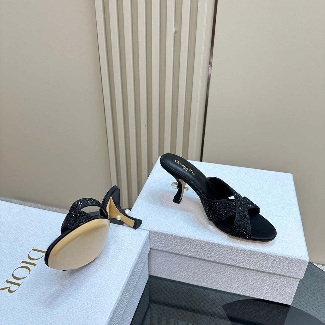 CD Tribales Heeled Slide 80mm Black Lambskin And Studded With Stones