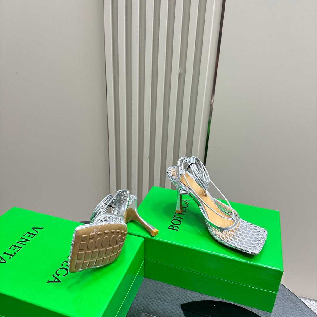 BV 26s Stretch High Heels 9cm Silver Metallize Mesh Leather