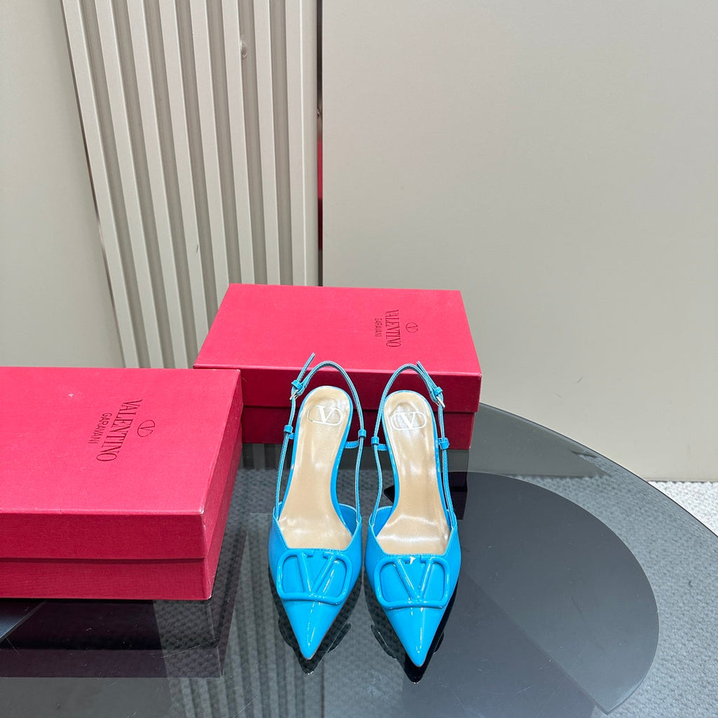 VLOGO SIGNATURUE CERULEAN BLUE PATENT LEATHER SLINGBACK PUMP 80MM