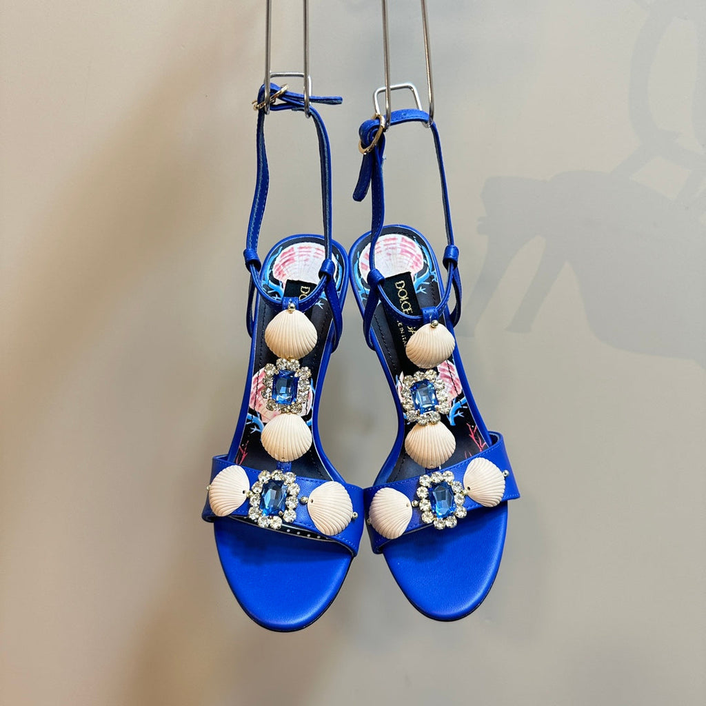 DC 24 Shell Rhinestone High Heel Sandals Blue Cowhide & Sheepskin 946159