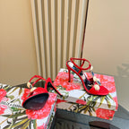 DC 24 Shell Rhinestone High Heel Sandals Red Cowhide & Sheepskin 946161