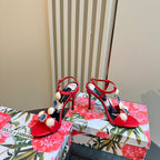 DC 24 Shell Rhinestone High Heel Sandals Red Cowhide & Sheepskin 946161