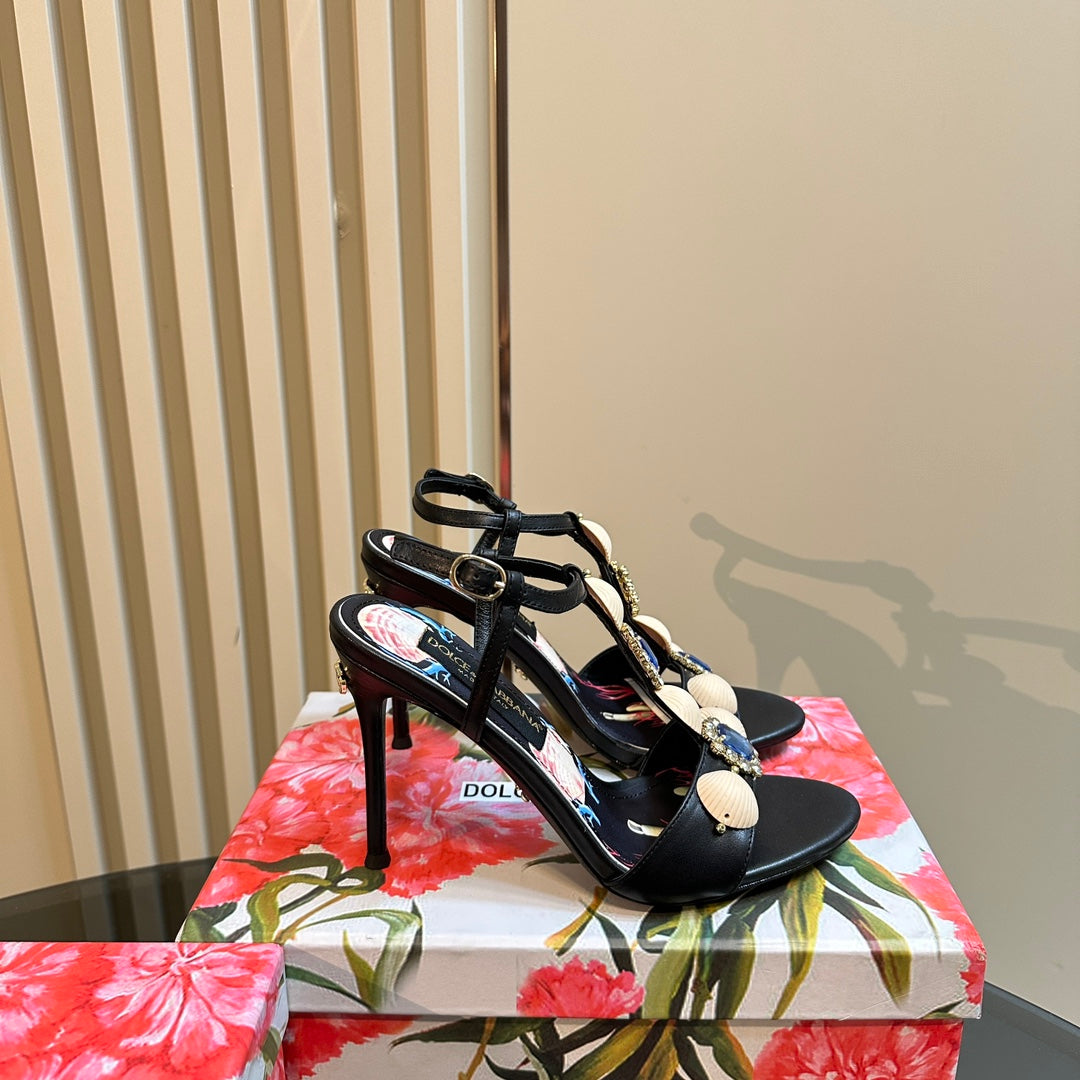 DC 24 Shell Rhinestone High Heel Sandals Black Cowhide & Sheepskin 946163
