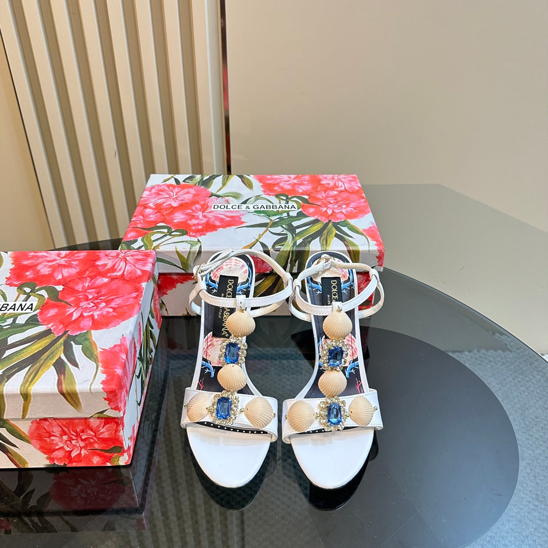 DC 24 Shell Rhinestone High Heel Sandals White Cowhide & Sheepskin 946165