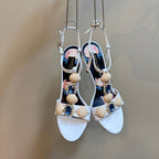 DC 24 Shell Rhinestone High Heel Sandals White Cowhide & Sheepskin 946165