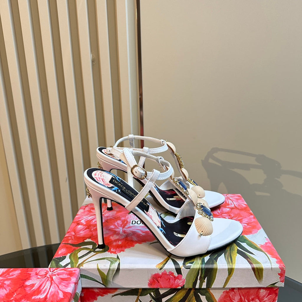 DC 24 Shell Rhinestone High Heel Sandals White Cowhide & Sheepskin 946165