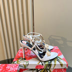 DC 24 Shell Rhinestone High Heel Sandals White Cowhide & Sheepskin 946165