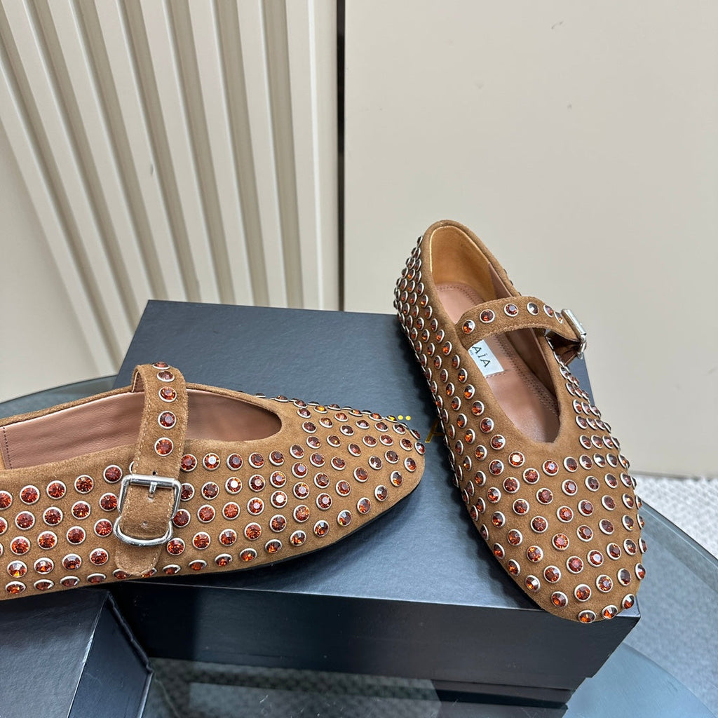 Alaia Strass Suede Ballet Flats In Brown 999324