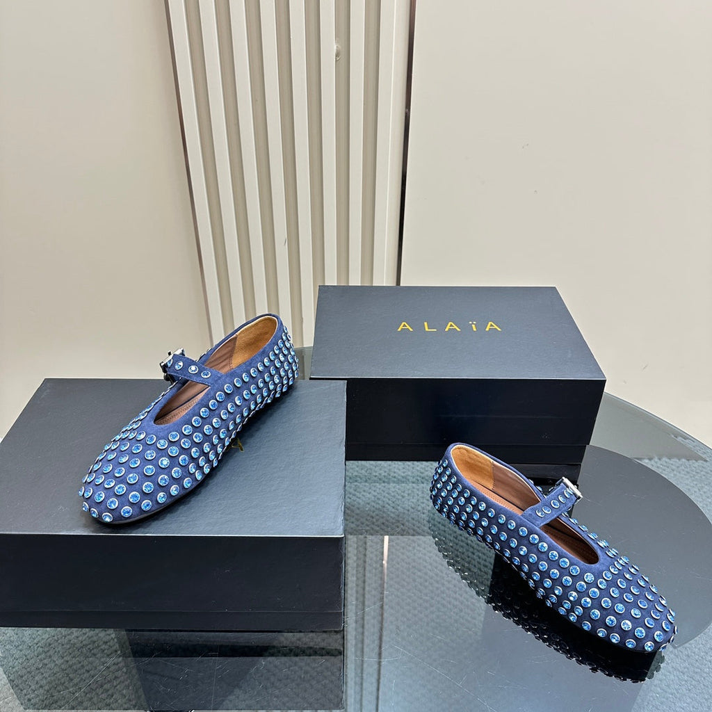 Alaia Strass Suede Ballet Flats In Dark Blue 999320