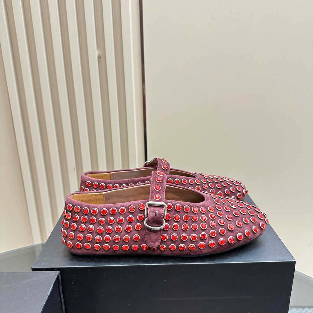 Ballet Flat Fishnet Burgundy Strass Suede