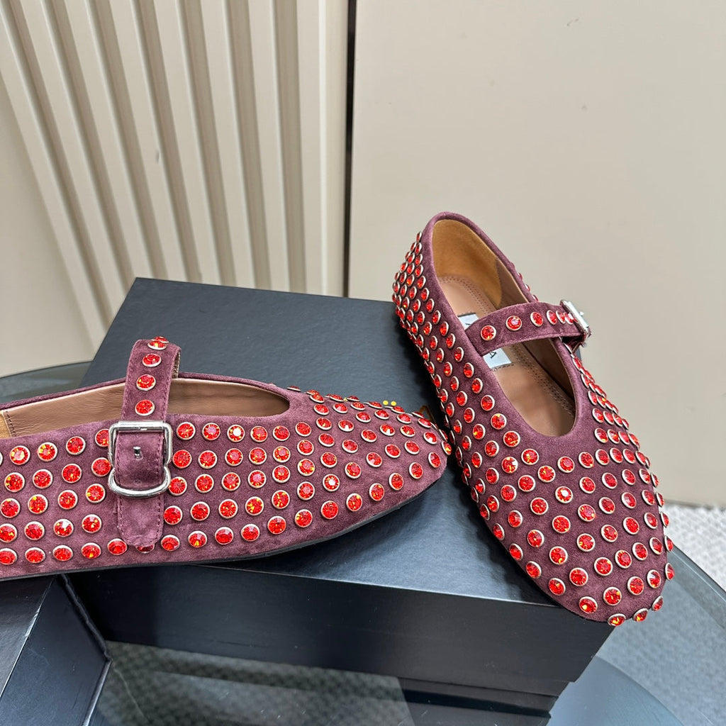Alaia Strass Suede Ballet Flats In Red Purple 999328