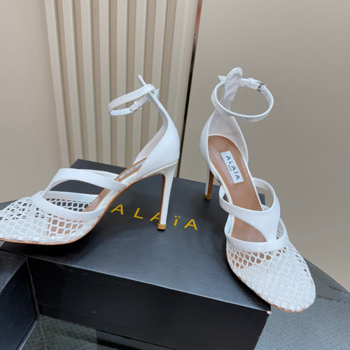 Alaia Fishnet Thong Heels Sandals White Lambskin 299659
