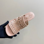 Alaia Vienne Cutout Kitten-Heel Slide Sandals Pink Sheepskin 299665