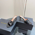 Alaia 2025 Oeillets Embellished Leather Sandals Glossy Black Lambskin 299668