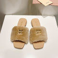 Miu Slides Beige Leather Fur 739560