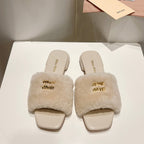 Miu Slides Light Beige Leather Fur 739562