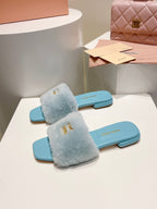 Miu Slides Light Blue Fur Leather 739564