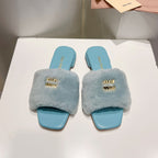 Miu Slides Light Blue Fur Leather 739564