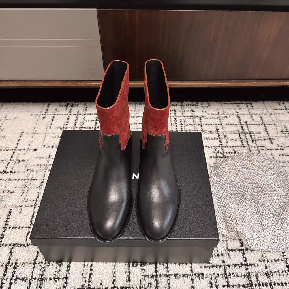 Chanel 25A Winter New Low Boots Black Red Cowhide 393514