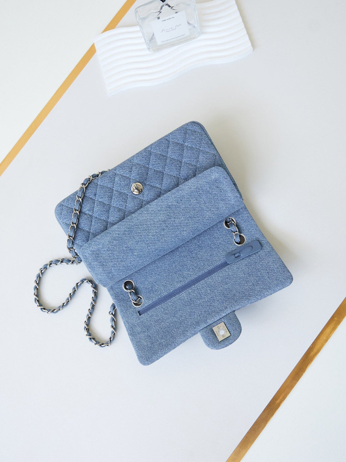 CC 24K Flap Bag 25cm Blue Denim Silver Hardware