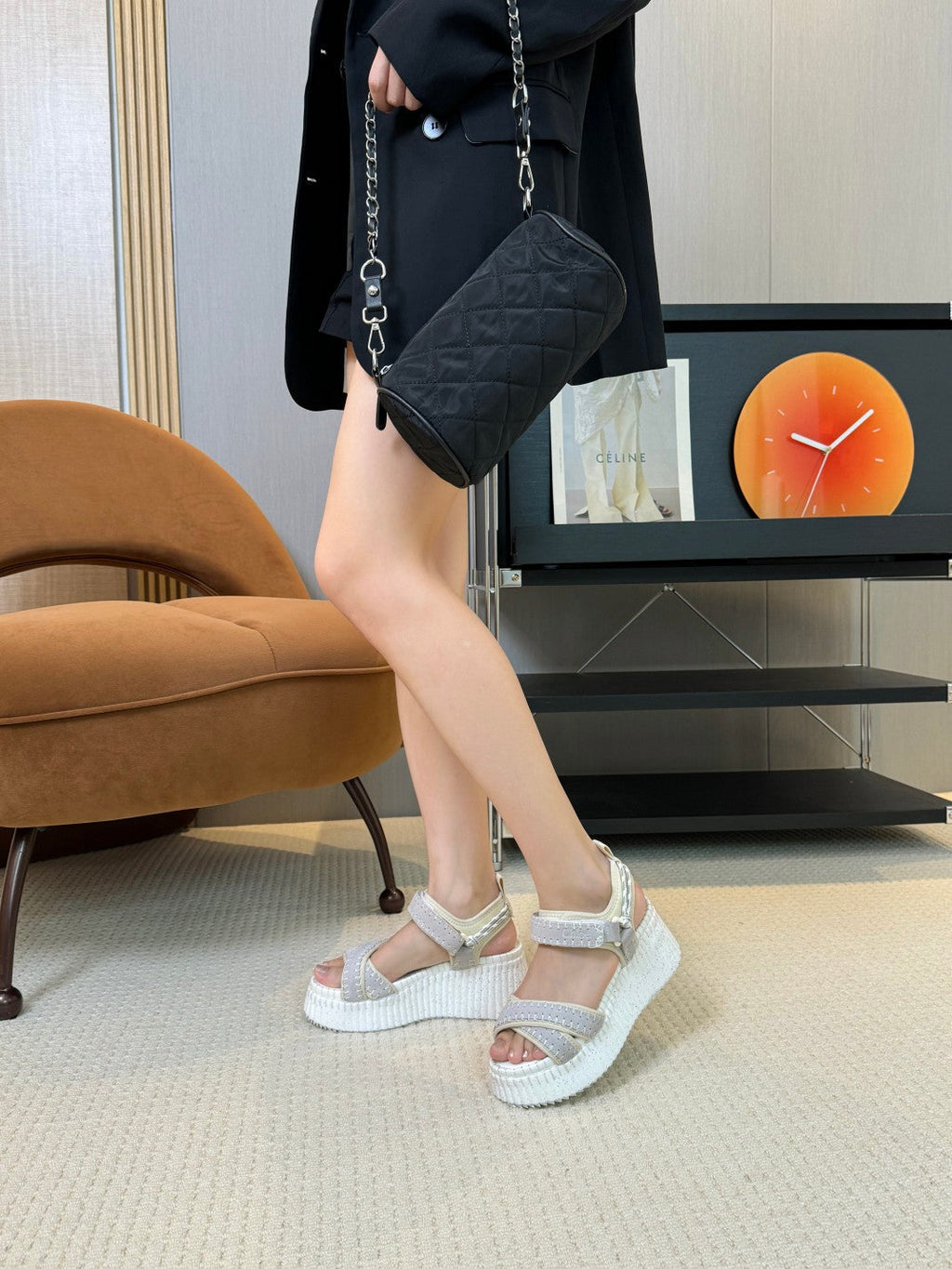 CHLOÉ NAMA WEDGE SANDAL 8 CM IN PASTEL GREY SUEDE AND WHITE RUBBER