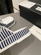 dad sandal mule striped dark blue white fabric calfskin
