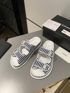 dad sandal mule striped dark blue white fabric calfskin