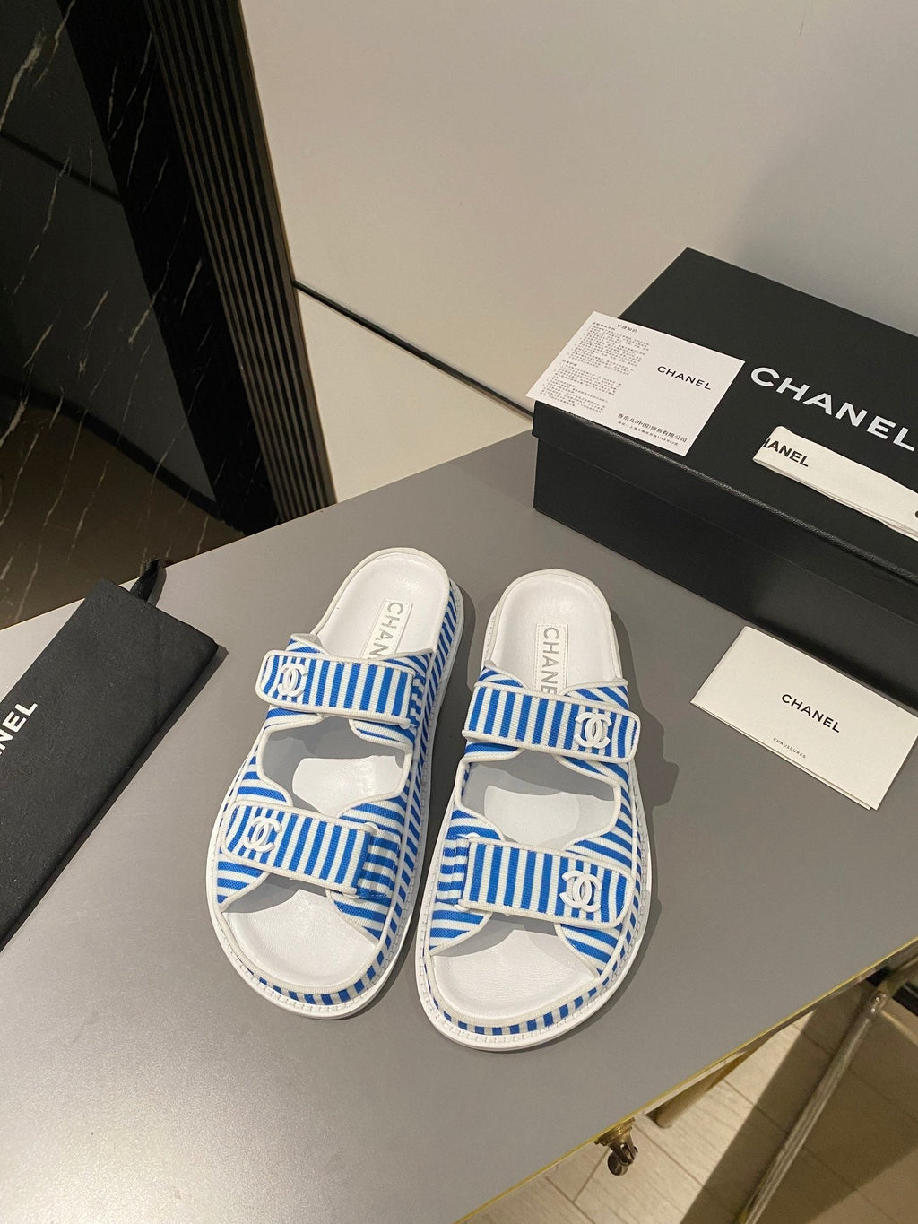 dad sandal mule striped ocean blue white fabric calfskin