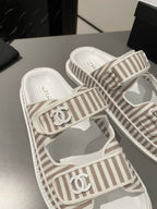 dad sandal mule striped brown white fabric calfskin