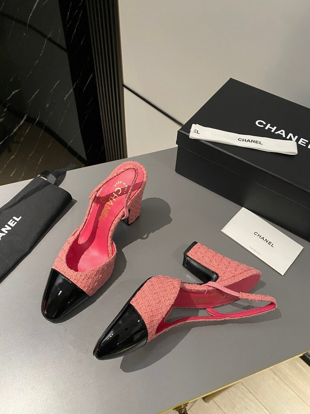 CC Slingback 95mm Pink Red Tweed Fabric
