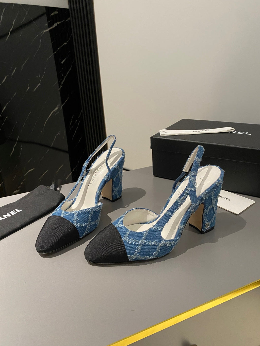 CC Slingback 95mm Dark Blue Tassel Denim Fabric