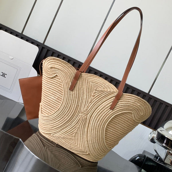 Celine Classic Panier 47cm Braieded Triomphe Beige Raffia Brown Calfskin