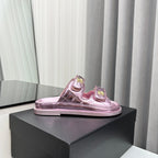 dad sandals pink metalic lambskin mules
