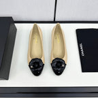 ballet flat flower beige calfskin black patent calfskin