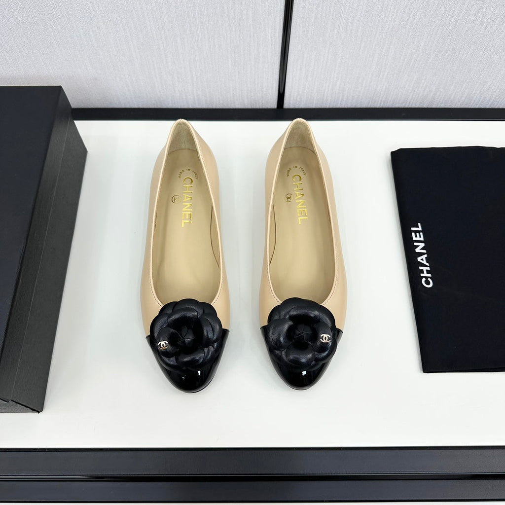 ballet flat flower cream calfskin black patent calfskin