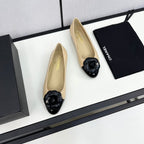 ballet flat flower beige calfskin black patent calfskin
