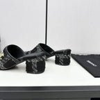 CC HIGH MULE IN BLACK WOOL TWEED AND CALFSKIN GOLD HARDWARE