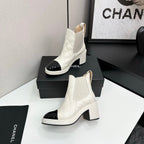 CC FW 25 Platform Ankle Boots Cream Black Patent and Quilted Leather 532620