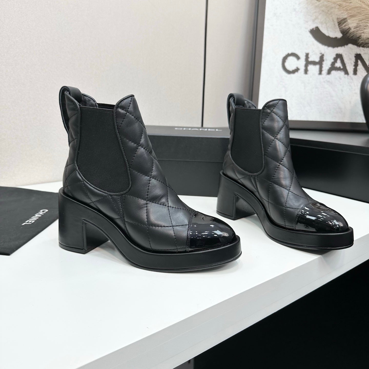 CC FW 25 Platform Ankle Boots  Black Patent and Quilted Leather 532621