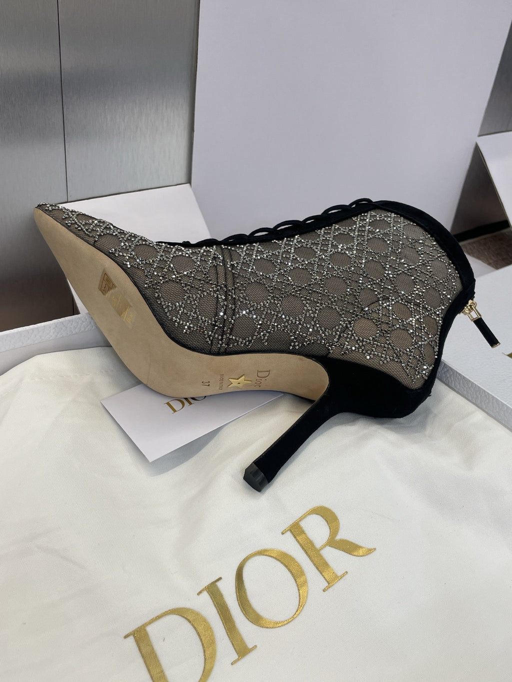 Dior 2025 Capture Heeled Ankle Boot Black Beige Mesh Sheepskin 508531