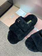 Miu Velcro Slippers Black Lambswool 508823