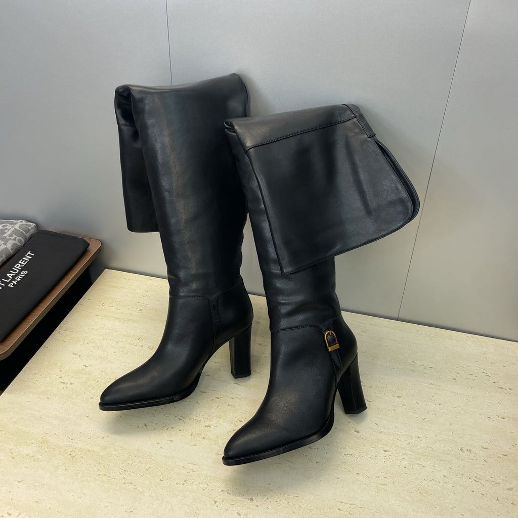 YSL 2025 High-Heeled Pointed-Toe Knee-High Rider Boot Black Calfskin 574018
