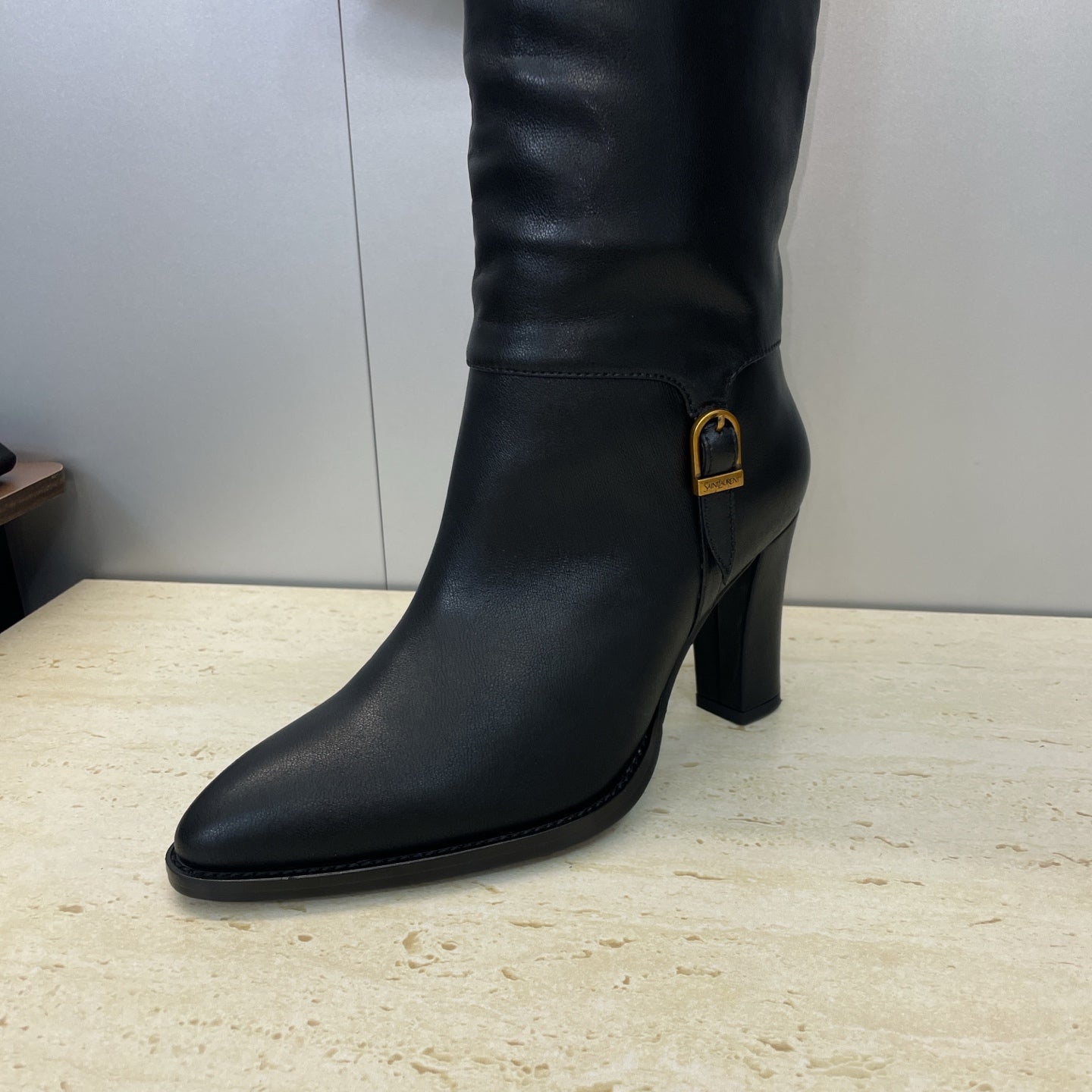 YSL 2025 High-Heeled Pointed-Toe Knee-High Rider Boot Black Calfskin 574018