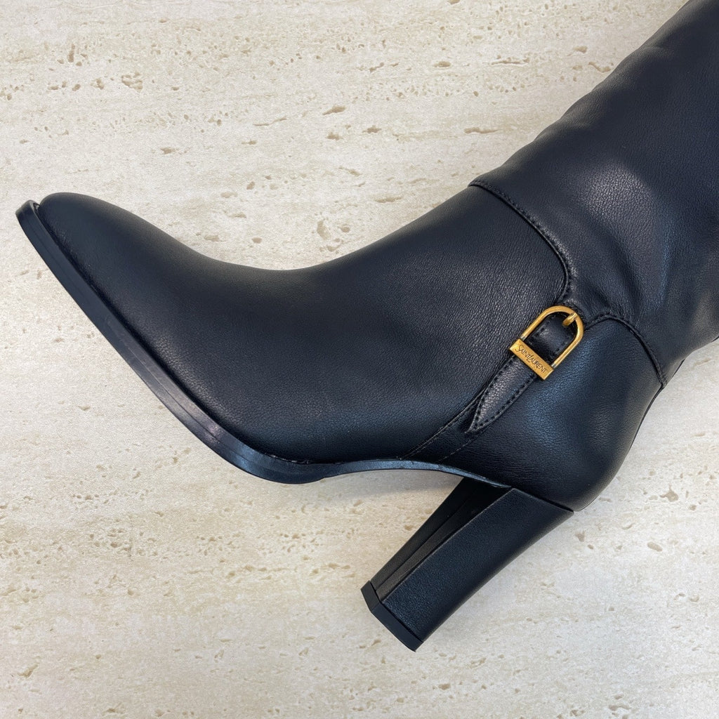 YSL 2025 High-Heeled Pointed-Toe Knee-High Rider Boot Black Calfskin 574018